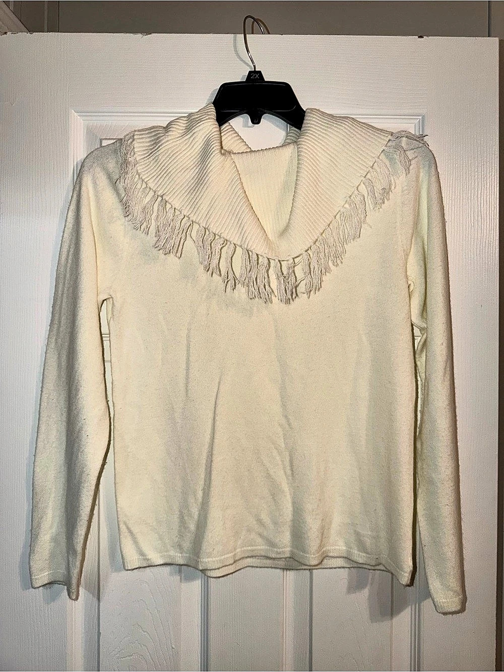 VTG Crystal Kobe Cream Cowl Neck Fringe Sweater M Y2K